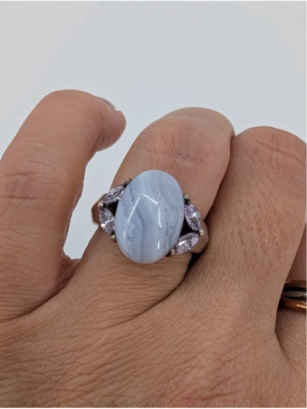 Vintage Avon 925 Sterling Silver Blue Lace Agate Lavender CZ Ring Size 6
